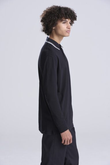 Jp103 Deep Black White Long Sleeve Tipped 100 Polo